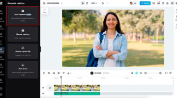 CapCut interface showing a woman in a video editor with auto caption and voice editing features highlighted on the side panel.