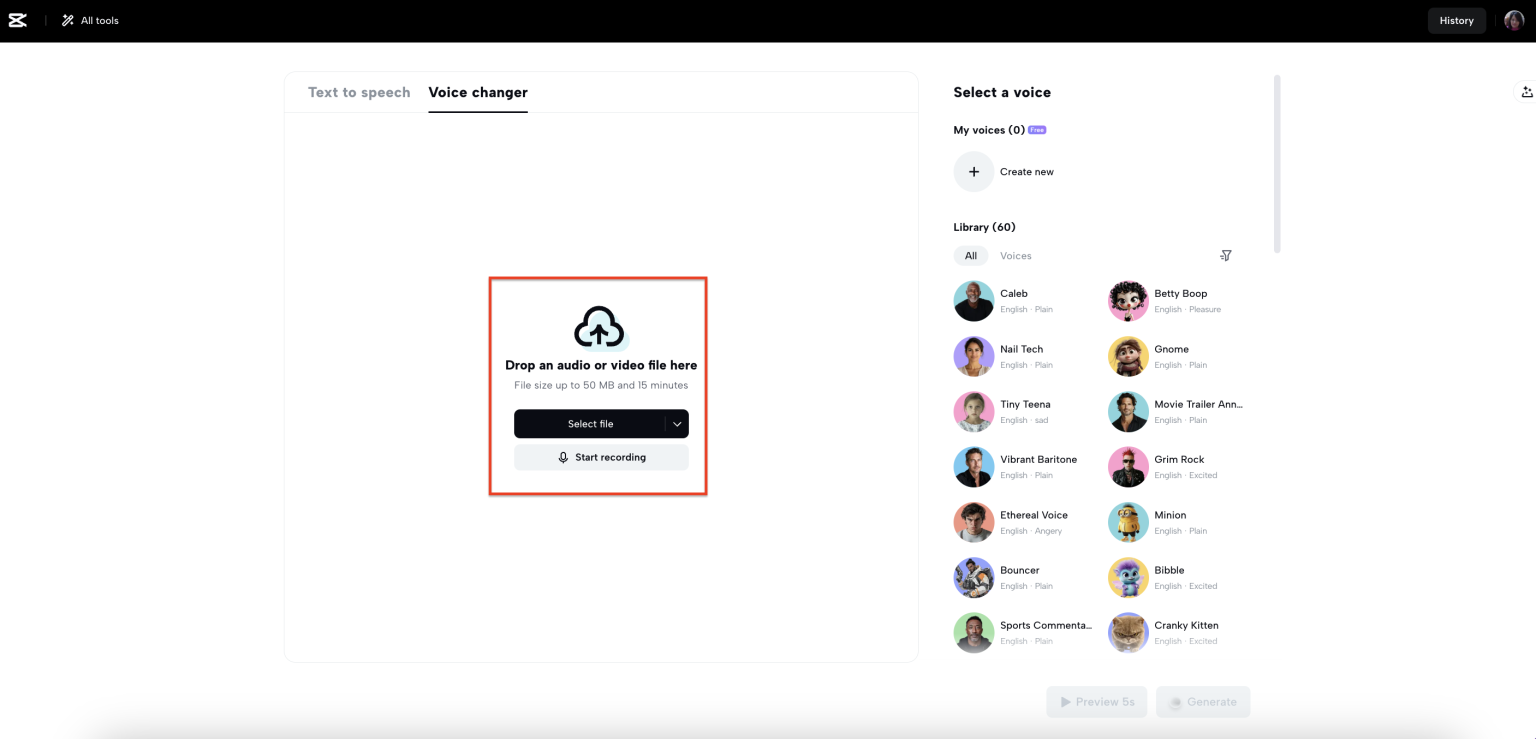 CapCut voice changer interface showing file upload and voice selection panel with various AI voice options.