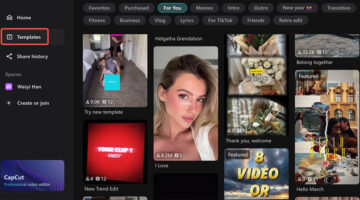 CapCut PC template selection interface showcasing various trending video templates for editing and customization.
