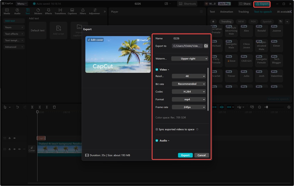 CapCut PC export settings panel displaying options for video resolution, bit rate, format, codec, and frame rate before exporting.