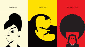 Creative negative space illustrations featuring Audrey Hepburn, Tarantino, and Pulp Fiction characters