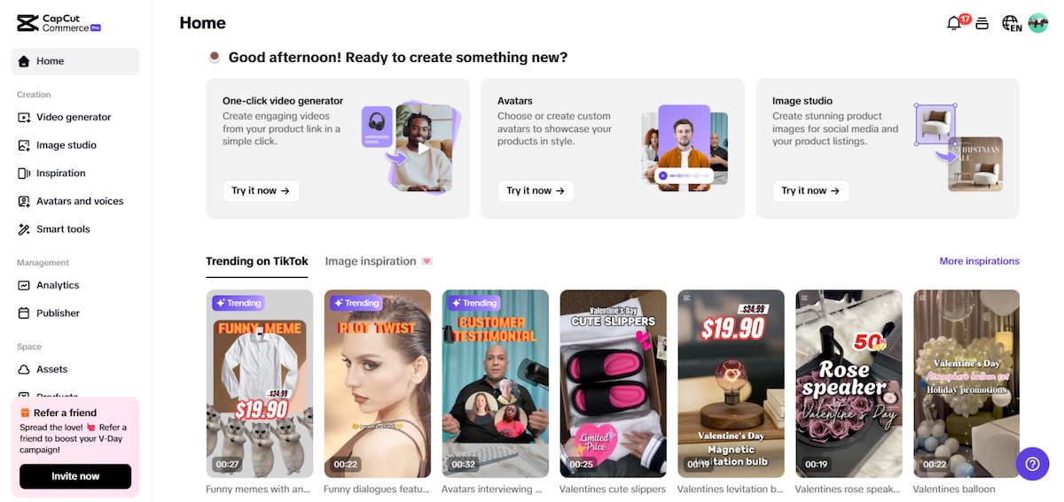 CapCut Commerce Pro dashboard showcasing video generator, image studio, avatars, and trending TikTok inspirations.