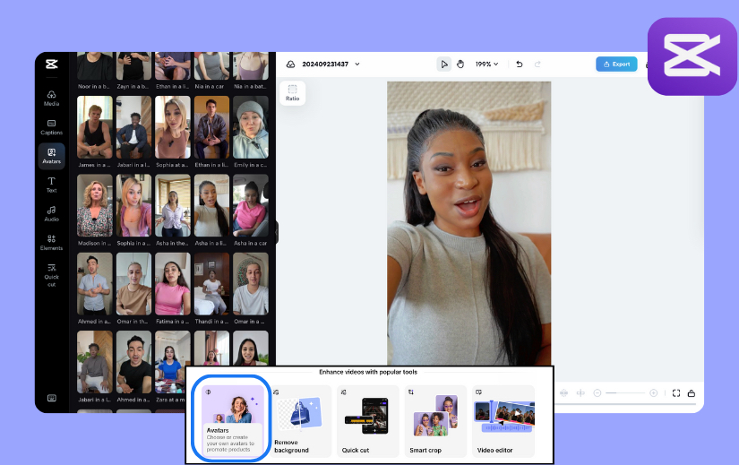 CapCut video editor interface displaying avatar selection, video enhancement tools, and editing options.