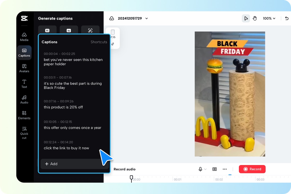 CapCut video editor displaying auto-generated captions for a Black Friday promotional video.
