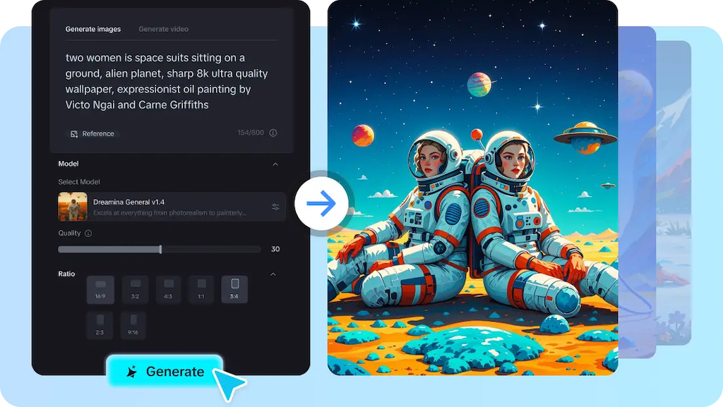AI image generation interface with a prompt describing two female astronauts on an alien planet. The generated artwork on the right shows them in detailed space suits with a colorful cosmic background.