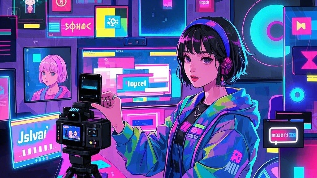 Cyberpunk-style illustration of a female content creator operating a camera, surrounded by neon screens.
