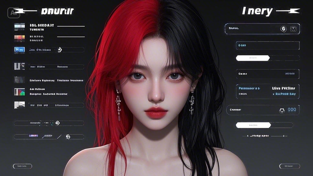 Futuristic digital portrait of a young woman with striking two-tone hair—half red, half black—against a sleek, cyberpunk-style interface with glowing text and icons.