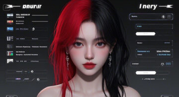 AI-generated portrait of a woman with striking red and black hair, surrounded by a futuristic digital interface, symbolizing AI-enhanced influencer marketing.