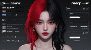 AI-generated portrait of a woman with striking red and black hair, surrounded by a futuristic digital interface, symbolizing AI-enhanced influencer marketing.
