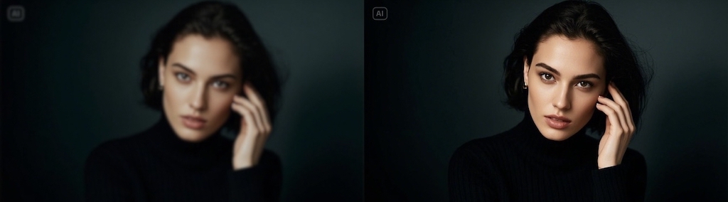 Side-by-side comparison of a portrait of a woman in a black turtleneck, with the left image appearing blurry and the right image sharp and enhanced, likely improved using AI.