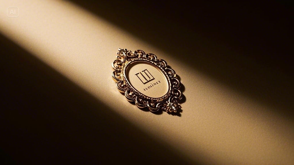 Elegant gold-framed emblem with intricate detailing placed on a smooth surface, illuminated by a dramatic beam of light, casting a soft shadow.