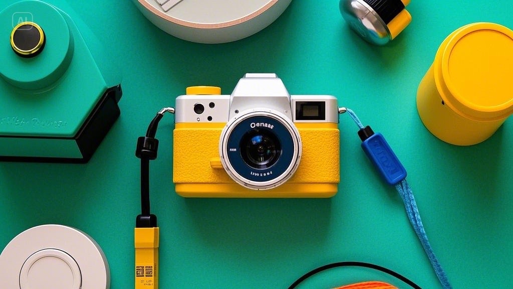 Retro-style yellow and white camera with a blue lens, surrounded by colorful gadgets on a teal background.