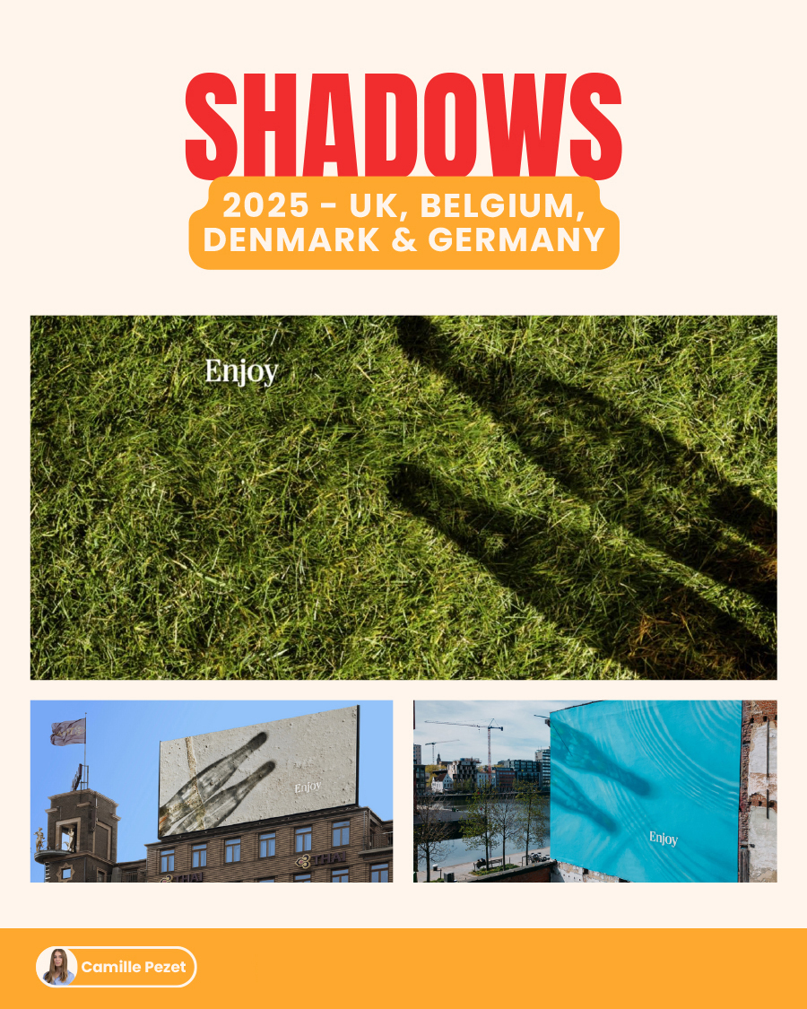 Logo-free Coca-Cola ad campaign titled Shadows, featuring silhouettes and the word Enjoy across multiple billboards