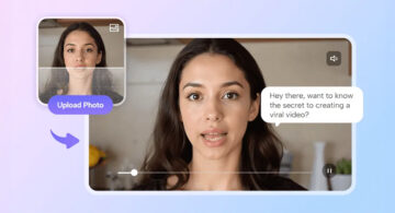 Example of AI photo animation: A still image of a woman transformed into a talking video using JoggAI, with realistic lip sync and speech overlay saying “Hey there, want to know the secret to creating a viral video?”
