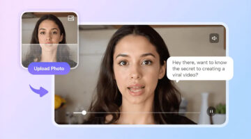 Example of AI photo animation: A still image of a woman transformed into a talking video using JoggAI, with realistic lip sync and speech overlay saying “Hey there, want to know the secret to creating a viral video?”