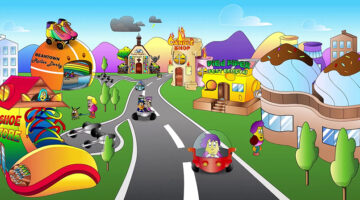 Beantown Pals animated cityscape featuring colorful toy-themed buildings, cartoon characters, and playful vehicles