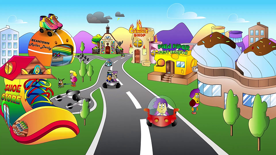 Beantown Pals cartoon cityscape featuring whimsical buildings like a shoe store, roller derby, and pest control shop