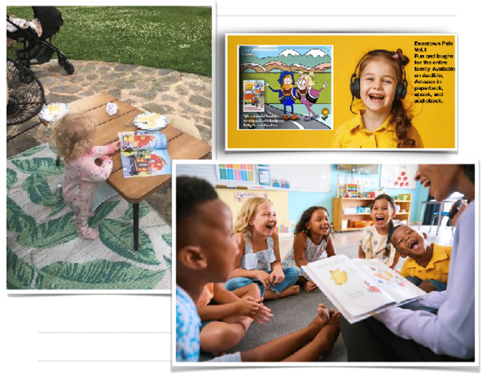 Children engaging with Beantown Pals books and audiobooks in different settings including outdoor reading, classroom storytime, and audiobook listening