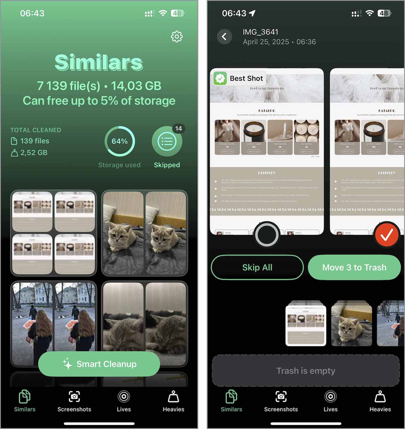 Clever Cleaner app scanning similar photos on iPhone and selecting best shots to delete duplicates and free up storage