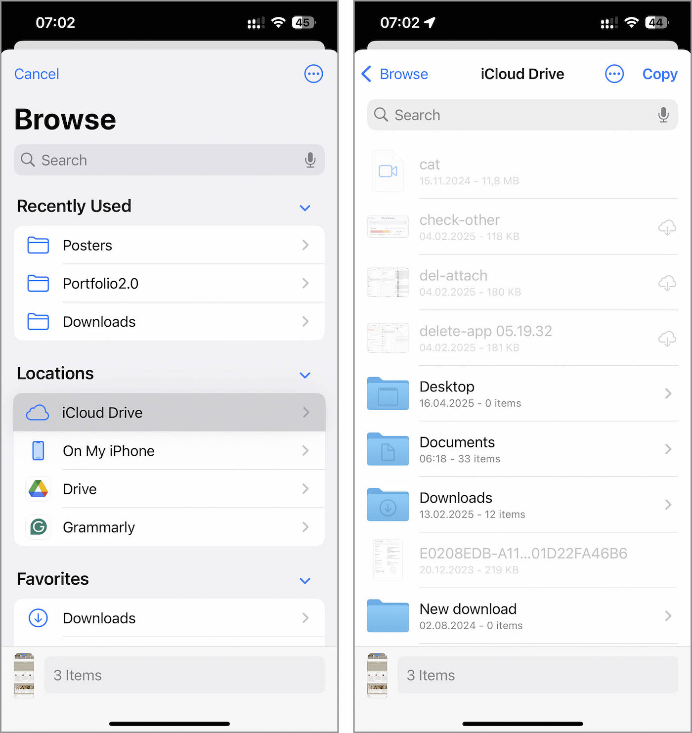 Browsing and organizing files between iPhone storage and iCloud Drive using the Files app