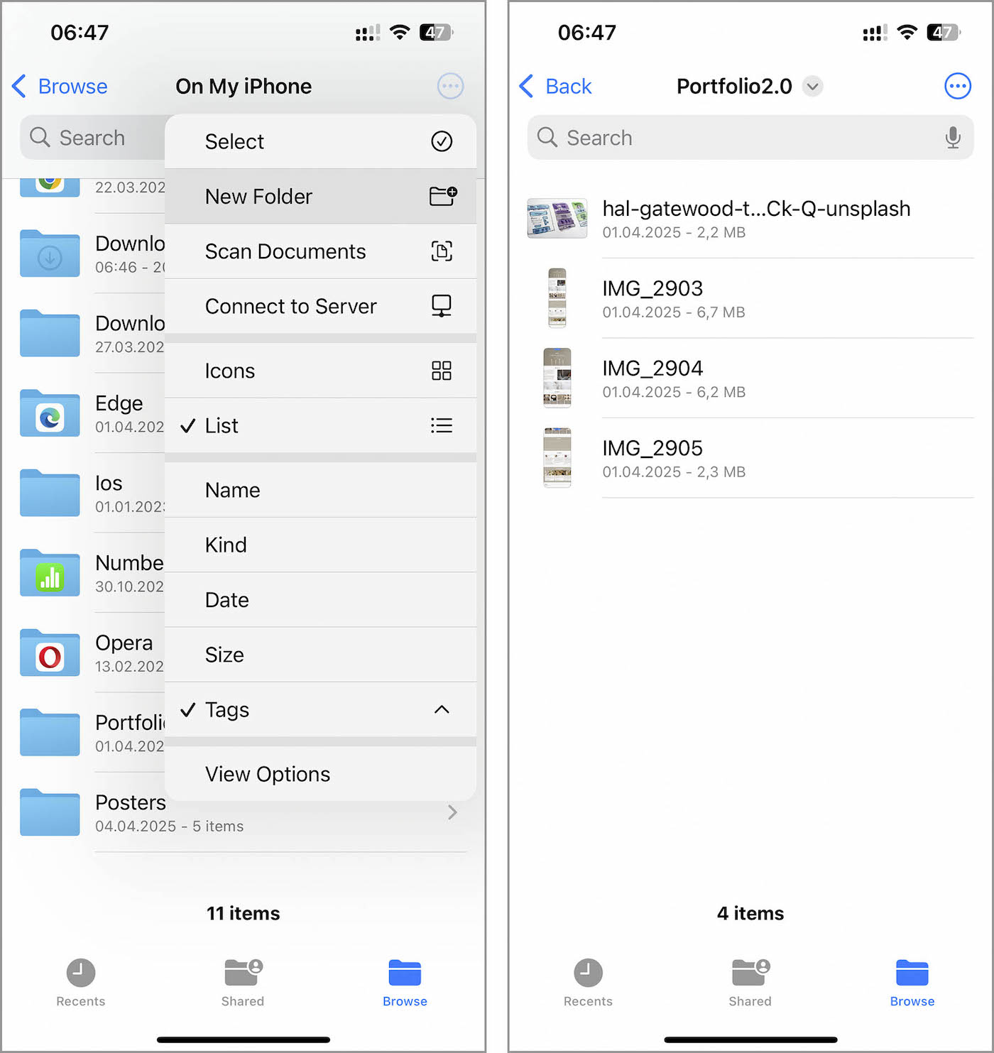 Managing folders and sorting files on iPhone using the Files app with list and tag view options