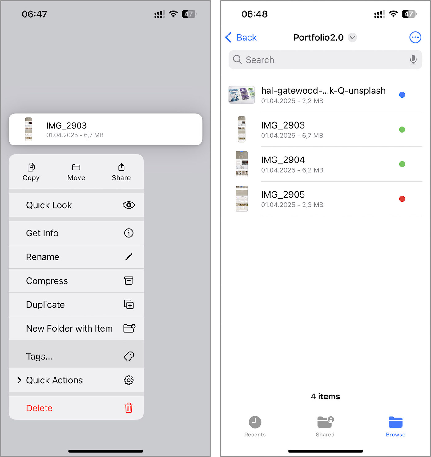 Using file options and color tags in the iPhone Files app to organize and manage documents efficiently