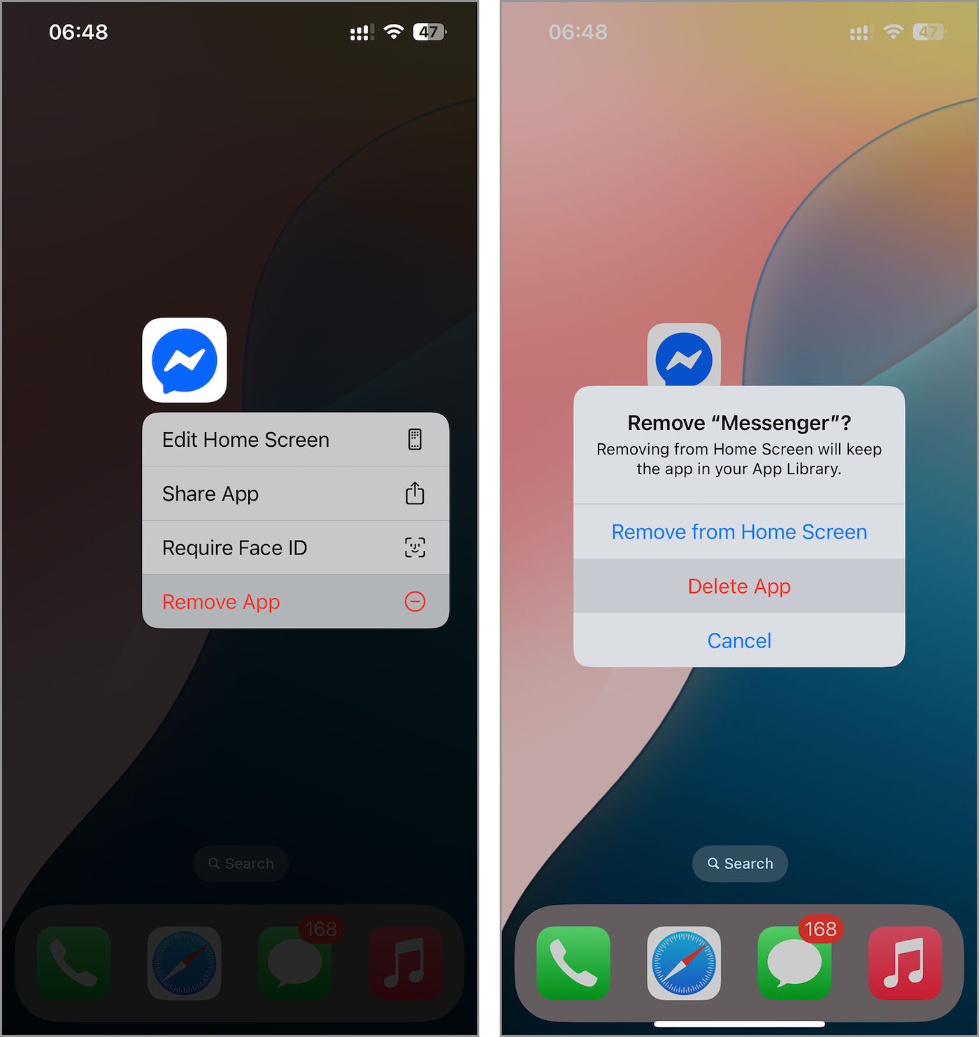 Options to remove or delete an app from the iPhone home screen to declutter and free up space