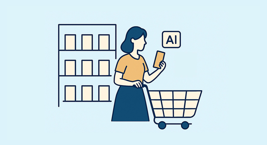 A woman shops in a store using AI-powered assistance, with shelves in the background, representing how computer vision improves inventory tracking and product placement in physical retail.