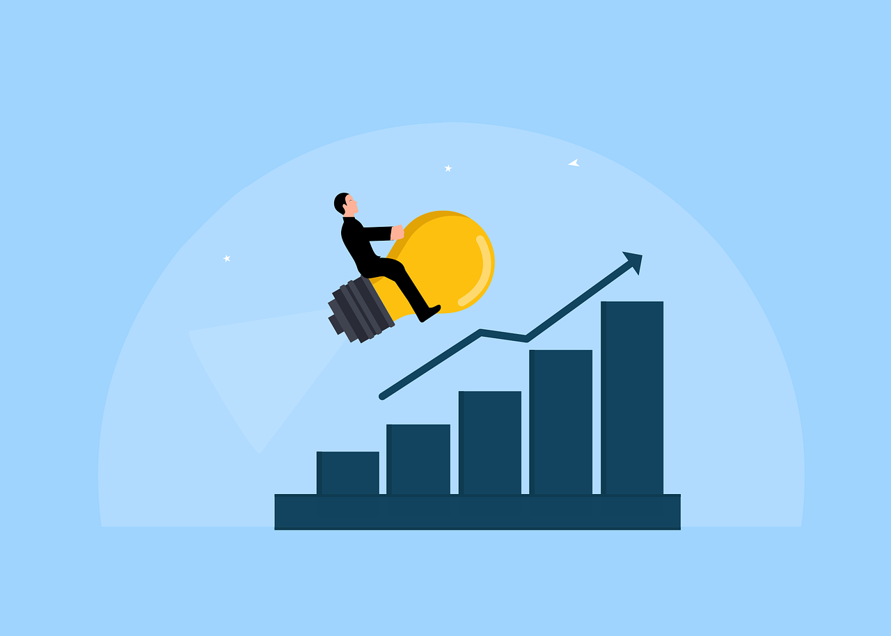 Businessman riding a lightbulb rocket above a bar graph, symbolizing how digital marketing agencies accelerate brand growth through innovation and structure