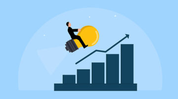 Businessman riding a lightbulb rocket above a rising bar chart, symbolizing how digital marketing agencies drive innovative and scalable brand growth
