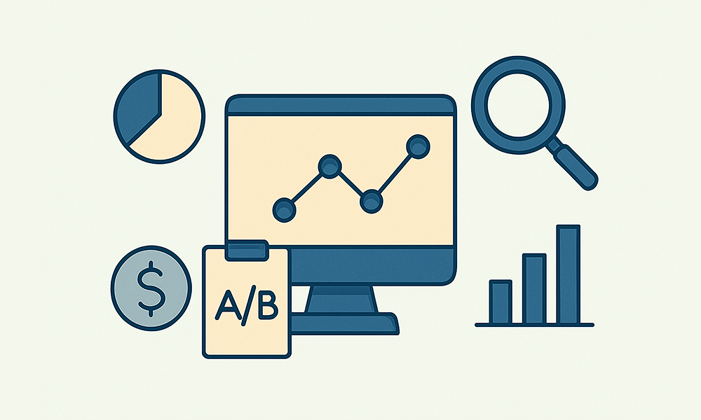 Analytics dashboard with graph, A/B test clipboard, magnifying glass, and bar chart representing landing page performance tracking