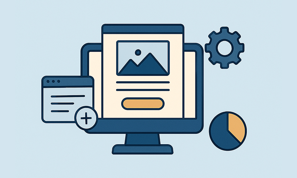 Computer screen with webpage layout, settings gear, and chart icon representing landing page generator tools