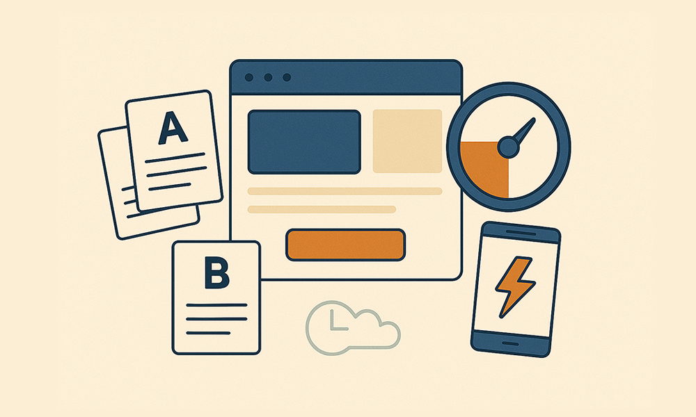 A/B test documents, web layout, speed gauge, and smartphone symbolizing landing page optimization and performance
