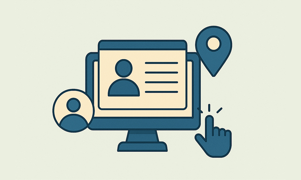 User profile interface on screen with person icons, location pin, and cursor symbolizing personalized content and engagement