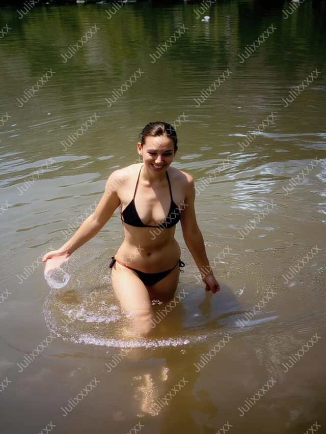 AI-restored photo of woman walking in river, with improved sharpness and natural tones