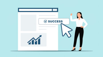 Businesswoman next to a webpage with a “Success” banner and upward-trending graph, representing effective banner ad design.
