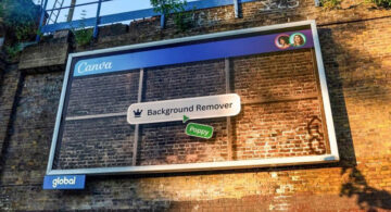 Canva billboard ad in London showing a transparent frame with the label “Background Remover,” cleverly revealing the brick wall behind.