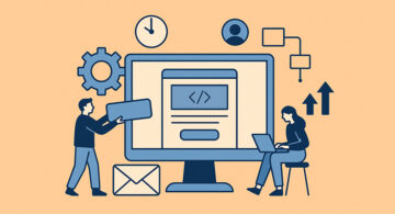 HTML email builder interface on a large screen with team members collaborating and icons representing workflow, time, and layout consistency