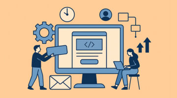 HTML email builder interface on a large screen with team members collaborating and icons representing workflow, time, and layout consistency