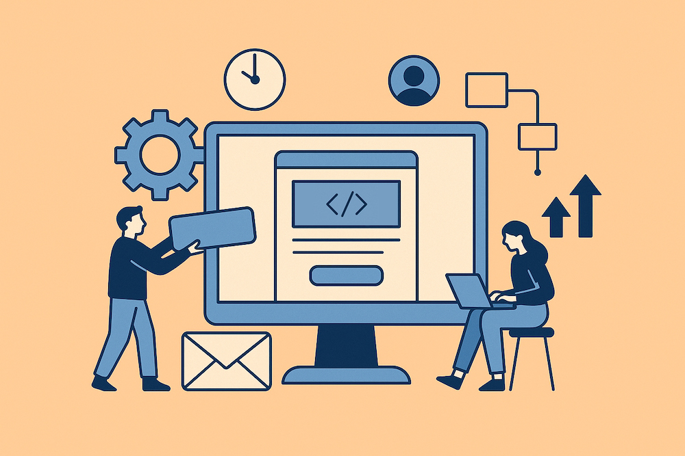 Illustration of a collaborative team designing an HTML email template using workflow tools on a large monitor, surrounded by icons for time, gears, layout, email, and growth.