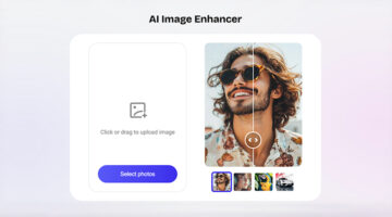 AI image enhancer interface with before and after comparison of an enhanced photo