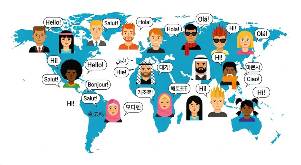 Global map illustration showing people greeting in various languages