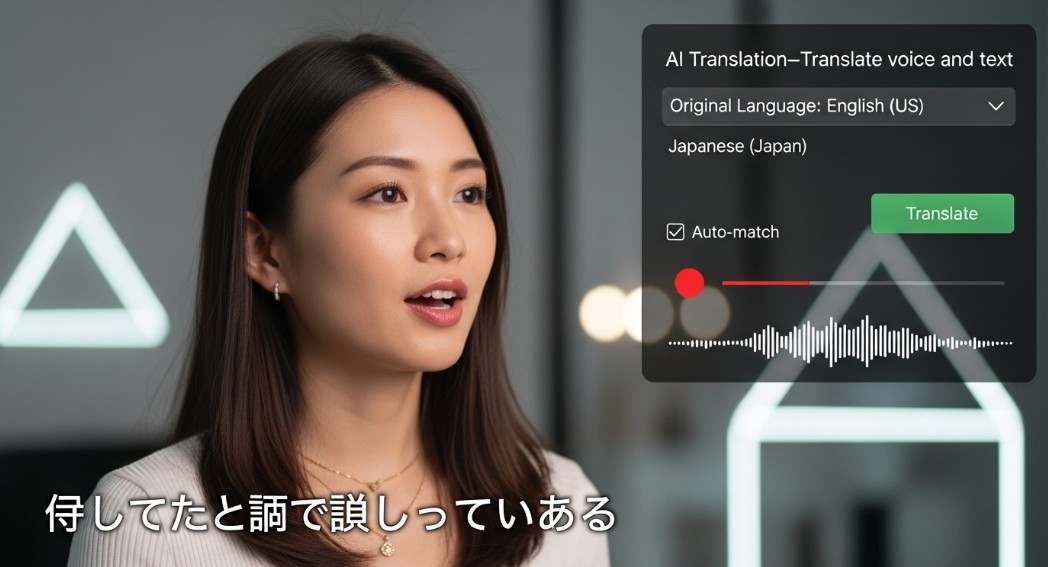 Woman using AI video translation tool to convert English to Japanese