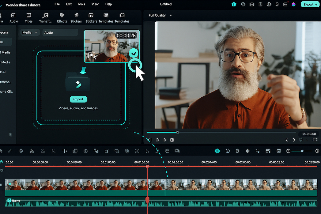 Wondershare Filmora interface showing video import and editing timeline