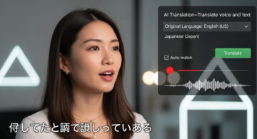 Woman using AI video translation tool with English-to-Japanese interface on screen