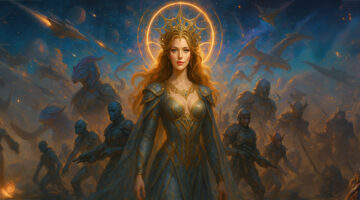 Fantasy queen with glowing crown leading futuristic warriors in a celestial battlefield
