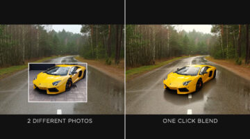 Photoshop Harmonize AI blends a car into a new background using one-click compositing