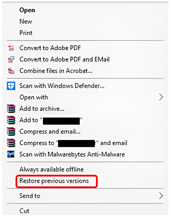 Using Restore previous versions option in Windows to recover lost photo files
