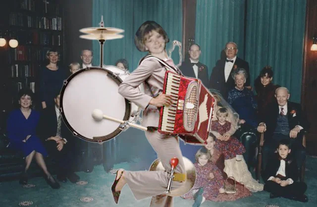 Funny wedding photo edit showing the sister-in-law turned into a one-woman band, exaggerating her attention-seeking outfit and pose