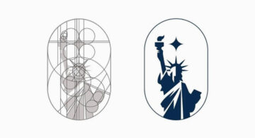 Why Do Designers Use Circles When Presenting Logos To Clients? Genius Geometry Or Designer Drama? Logo design example showing Statue of Liberty silhouette with overlapping circle grid construction lines